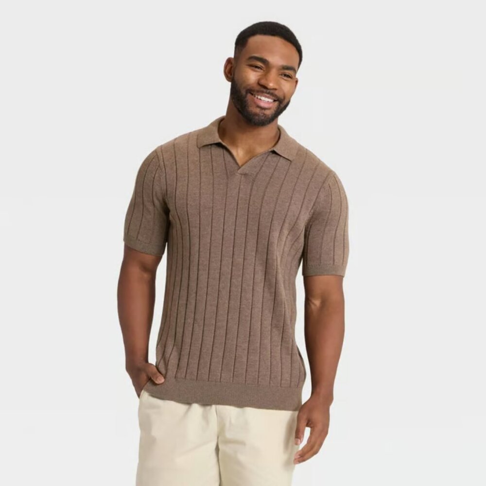 Men's Textured Johnny Collared Pullover Sweater - Goodfellow & Co™ Taupe XL